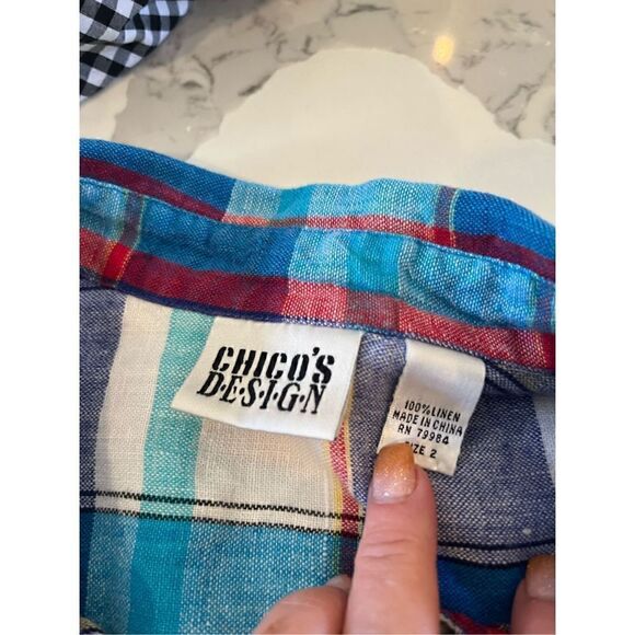 Chico’s Design Women’s Plaid Linen Button Down Shirt Sz 12 (Chico Sz 2) Blue - Picture 6 of 9